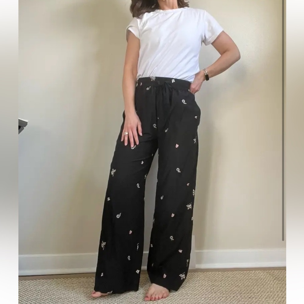 ROMY June Pant Cotton Silk Wide leg drawstring Black Floral Embroidered Pants